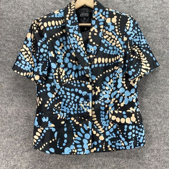 Kasper Blazer Women 10 Black Geometric Collared Button Up Short Sleeve Lined - Picture 4 of 9